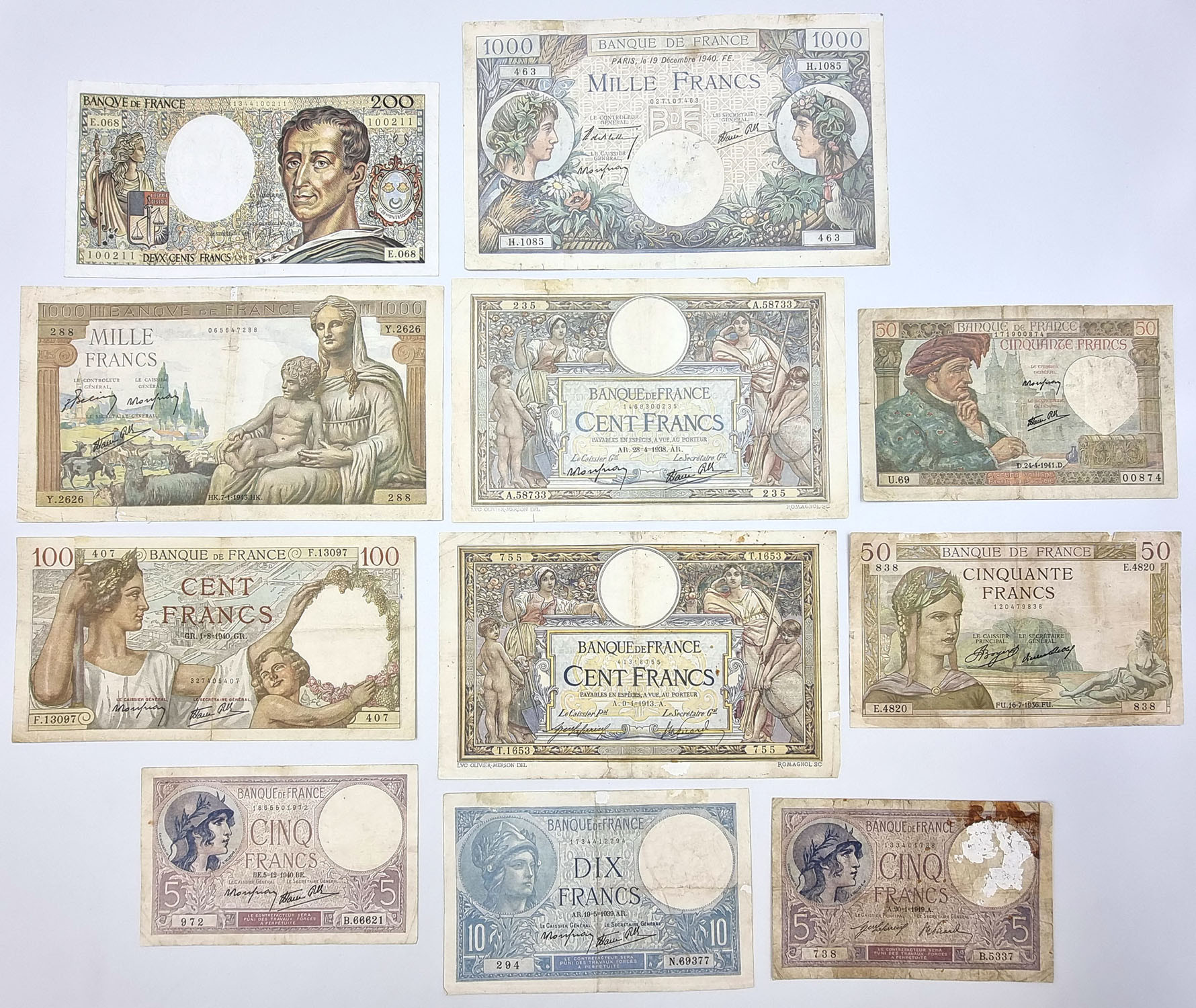 Francja, banknoty, zestaw 11 sztuk